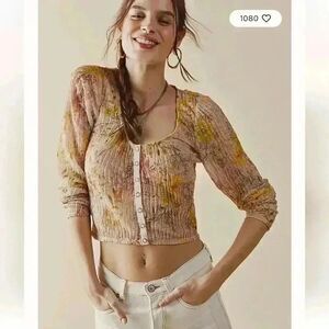 Free People Angelina Floral Sheer Long Sleeve Button Up Top Size Small